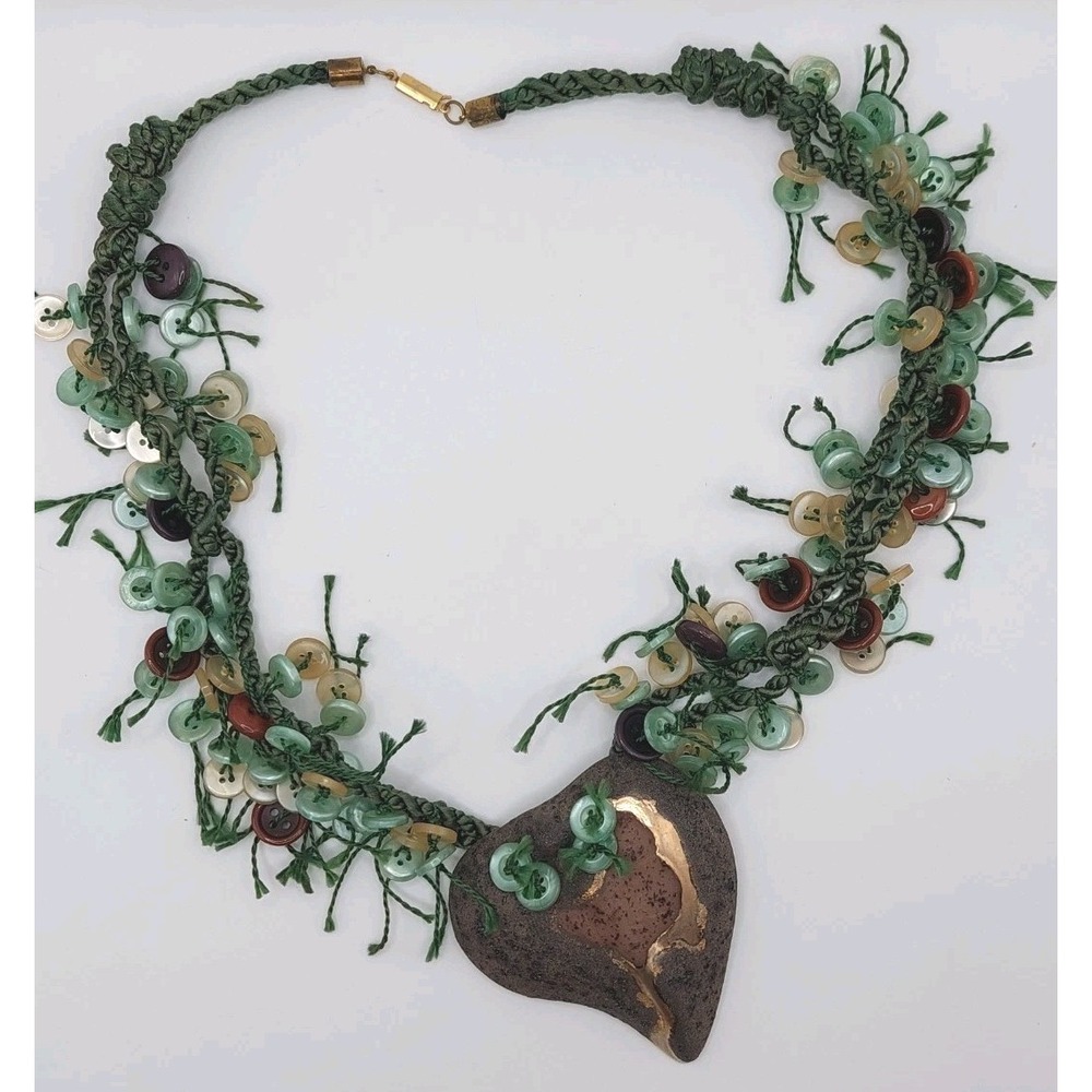 Artisan Necklace Green Handmade Clay Heart Boho Button Vintage Wearable Artsy